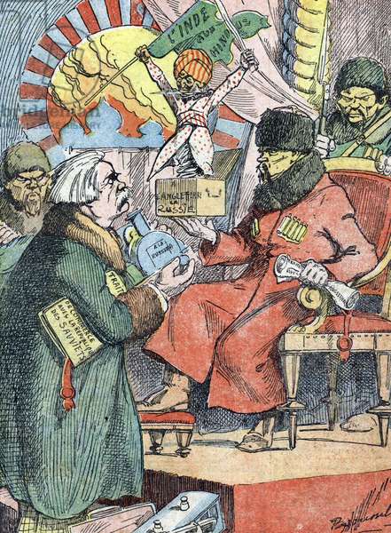 ELD4888317 Cartoon depicting British Prime Minister David Lloyd George came to sign a trade deal with Sovietic statesman Vladimir Lenin who offered him a statue celebrating India's independence movement in return”” (Caricature of british premier David Lloyd George visiting stateman Vladimir Lenin to sign a commercial treaty with soviet union) Illustration from “” Le pelerin”” January 1921 Private collection; (add.info.: Cartoon depicting British Prime Minister David Lloyd George came to sign a trade deal with Sovietic statesman Vladimir Lenin who offered him a statue celebrating India's independence movement in return”” (Caricature of british premier David Lloyd George visiting stateman Vladimir Lenin to sign a commercial treaty with soviet union) Illustration from “” Le pelerin”” January 1921 Private collection); Photo © The Holbarn Archive;  it is possible that some works by this artist may be protected by third party rights in some territories.