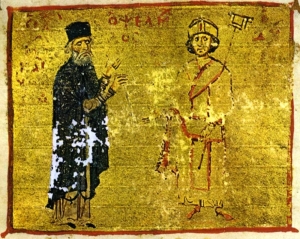 Ο Μιχαήλ Ψελλός (αριστερά) με τον μαθητή του, αυτοκράτορα Μιχαήλ Ζ' Δούκα Παραπινάκη, έργο αγνώστου.