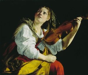 Orazio Gentileschi (1563-1639), &Nu;&epsilon;&alpha;&rho;ή &gamma;&upsilon;&nu;&alpha;ί&kappa;&alpha; &mu;&epsilon; &beta;&iota;&omicron;&lambda;ί (&Alpha;&gamma;ί&alpha; &Kappa;&alpha;&iota;&kappa;&iota;&lambda;ί&alpha;) (&epsilon;&nu;&alpha;&lambda;&lambda;&alpha;&kappa;&tau;&iota;&kappa;ό&sigmaf; &tau;ί&tau;&lambda;&omicron;&sigmaf;: &Eta; Artemisia Gentileschi &omega;&sigmaf; &Alpha;&gamma;ί&alpha; &Kappa;&alpha;&iota;&kappa;&iota;&lambda;ί&alpha;), &pi;&epsilon;&rho;. 1612, &lambda;ά&delta;&iota; &sigma;&epsilon; &kappa;&alpha;&mu;&beta;ά, 83,5 &times; 97,8 &epsilon;&kappa;. 